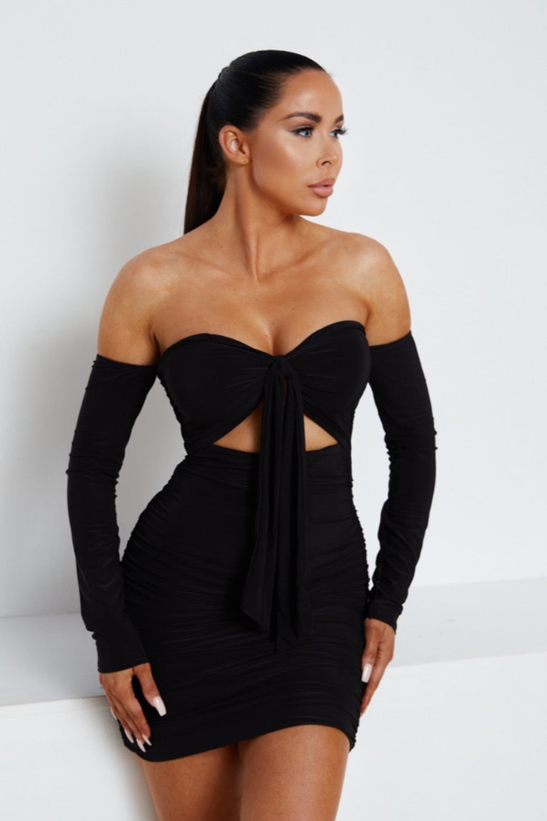 Black Slinky Ruched Bardot Long Sleeve Cut Out Tie Front Bodycon Mini Dress 