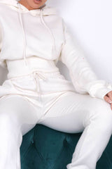 Cream Long Sleeve Cropped Fleece Hoodie & Cuffed Joggers Loungewear Set - Layla