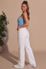 Sky Blue Ribbed Lace Trim Button Front Vest Top - Vlara