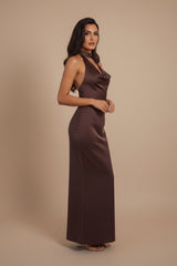 Chocolate Brown Halterneck Rose Detail Maxi Dress- Cafe