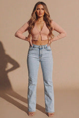 Light Wash Distressed Straight Leg Jeans With Pink Pocket Detail - Eynas