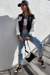 Black Varsity Slogan Contrast Sleeve Bomber - Hallie