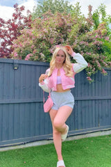 Pink Varsity Slogan Contrast Sleeve Bomber - Hallie