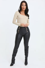 Black PU Leather High Waisted Button Detail Legging - Charlotte