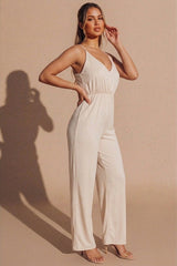 Beige Strappy Wrap Wide Leg Jumpsuit - Huixo
