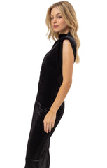 Black Velvet Shoulder Pad Midi Dress- Miea