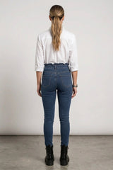 Blue High Waist Button Front Skinny Jeans-Solvani