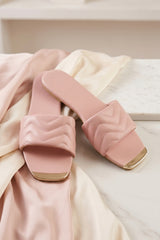 Pink Quilted Flat Slip-On Sandals with Gold Toe Detail - Yora