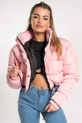 Pink High Neck Padded Cropped Puffer Jacket - Khlo