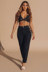 Black High Waisted Chain Detail Straight Leg Jeans - Marisol