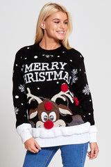 Black Merry Christmas Reindeer Pom Pom Jumper – Poplyn