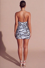 Blue Marble Print Chain Halter Neck Crossover Cut Out Detail Mini Dress - Cassara