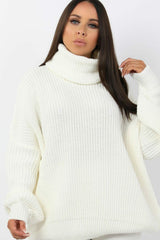 Cream Knitted Oversized Polo Neck Jumper - Polly
