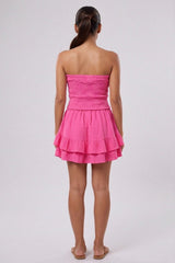 Pink Shirred Bandeau Frill Hem Playsuit-Lureva