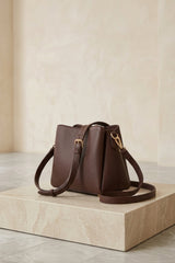 Brown Faux Leather Gold Detail Shoulder Bag - Polina