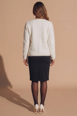 Cream Contrast Tweed Monochrome Cardigan Jacket With Pearl Button Pocket Detail - Mia