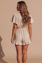 Beige Wrap Front Frill Sleeve Playsuit- Lavayn