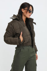Khaki Cropped Padded Long Sleeve Zip Front Shower Proof Jacket - Harper