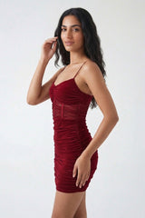 Rust Mesh Ruched Sheer Panel Strappy Bodycon Mini Dress - Hester