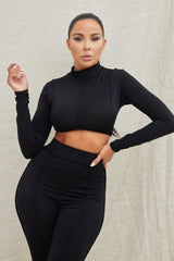 Black High Neck Long Sleeve Crop Top High Waisted Trousers Seam Detail Co-ord - Selah