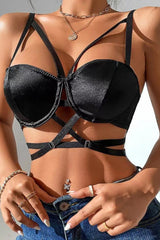 Black Satin Cup Detail Strappy Cross Over Bralette Top - Mavise