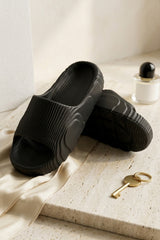Black Ribbed Platform Slide Sandals - Rava