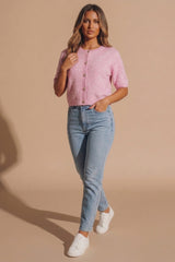 Pink Short Sleeve Button Front Knit Cardigan - Koiley