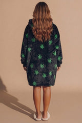 Black Leaf Print Oversized Blanket Fleece Hooded -  Pomni