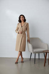 Beige Belted Collared Longline Coat- Zvana