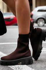 Brown Cleated Pull On Knit Chunky Sole Sock Ankle Boots - Melissa