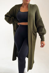 Khaki Knitted Long Sleeve Pocket Detail Ribbed Cardigan - Leanne