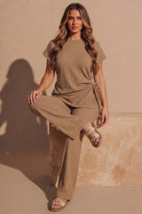 Mocha Tie Side Relaxed Fit Top And Wide Leg Trousers - Cheese