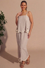 Mocha Tassel Trim Shoulder Top & Maxi Skirt Co-Ord Set - Byach