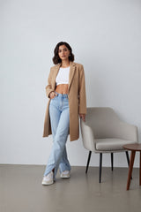 Camel Single Breasted Pocket Detail Coat- Kyiana
