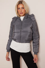 Charcoal Cropped Padded Long Sleeve Zip Front Shower Proof Jacket - Harper