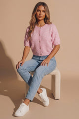 Pink Short Sleeve Button Front Knit Cardigan - Koiley