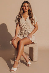 Beige Wrap Front Frill Sleeve Playsuit- Lavayn