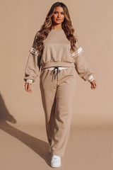 Stone Oversized Striped Sleeves Sweatshirt With Trouser Co Ord Set - Floranique