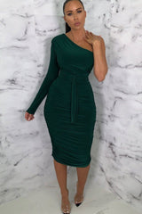 Emerald One Shoulder Ruched Slinky Midi Dress - Savannah