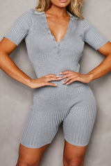 Grey Buttoned Up Short Sleeve Ribbed Playsuit - Allegra