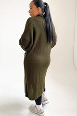 Khaki Knitted Long Sleeve Pocket Detail Ribbed Cardigan - Leanne
