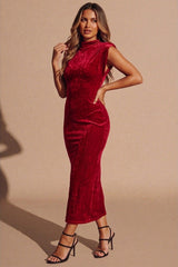 Red Velvet Shoulder Pad Midi Dress- Miea