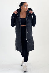Black Sleeveless Longline Midi Zip Up Hooded Puffer Coat - Terri