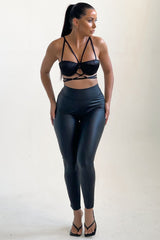 Black Satin Cup Detail Strappy Cross Over Bralette Top - Mavise