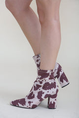 Brown Cow Print Block Chunky Heel Ankle Western Boots - Miraluna