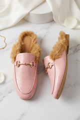 Baby Pink Faux Fur Lined Croc Mules - Maisie