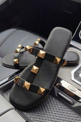 Black Gold Stud Multi Strap Flat Slider Sandals - Roibx