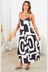 Black And White Strappy Backless Geometric Print Wide Leg Jumpsuit - Renata