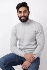 Mens Ecru Marl Ribbed High Neck Long Sleeve Jumper - Turtle
