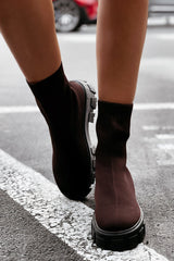 Brown Cleated Pull On Knit Chunky Sole Sock Ankle Boots - Melissa